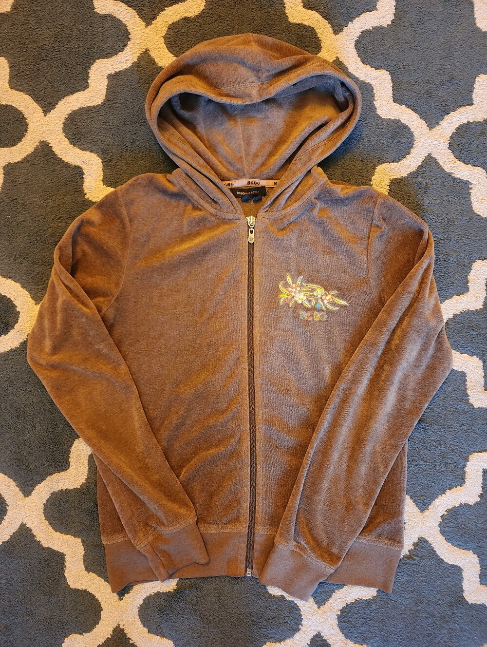BCBG Brown Velour Zip Hoodie with Embroidered Floral Detail